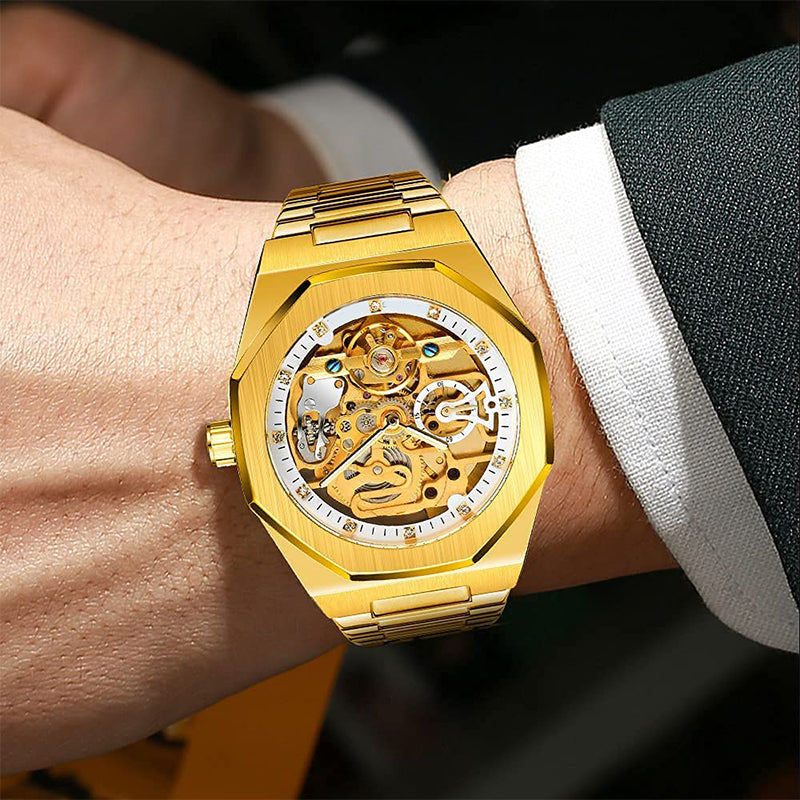 ⌚ LYXIG SKELETTUR - MÄSTARVERK I MECHANISK DESIGN 💎 Exklusiv visarfunktion - se klockans inre magi ⚙️ Automatisk rörelse - ingen batteribyte behövs ✅ 50 meters vattentålighet 💦 ✅ Safirglas för repfri klarhet 💎