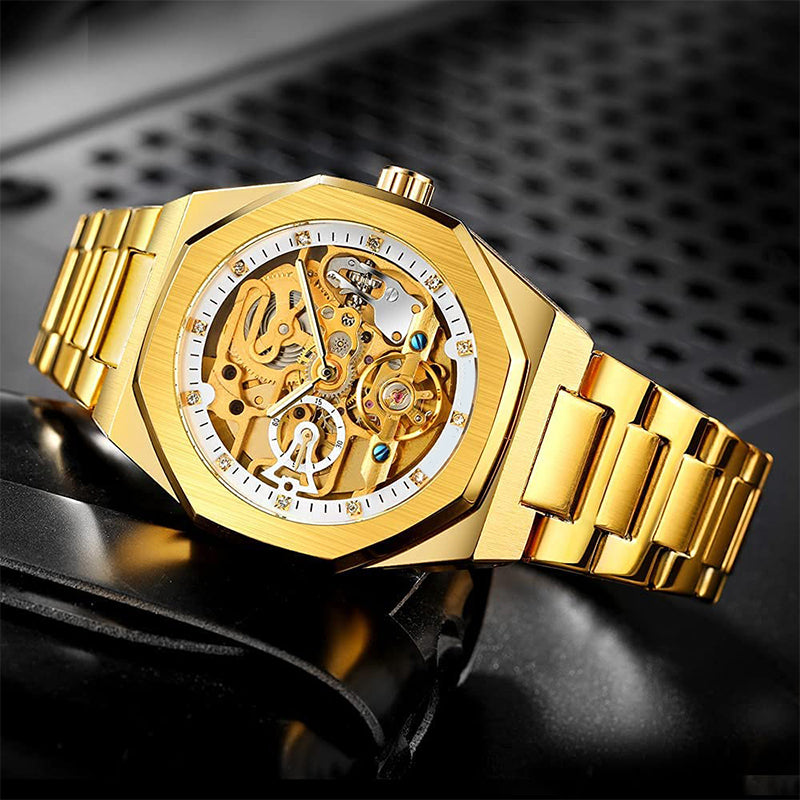 ⌚ LYXIG SKELETTUR - MÄSTARVERK I MECHANISK DESIGN 💎 Exklusiv visarfunktion - se klockans inre magi ⚙️ Automatisk rörelse - ingen batteribyte behövs ✅ 50 meters vattentålighet 💦 ✅ Safirglas för repfri klarhet 💎