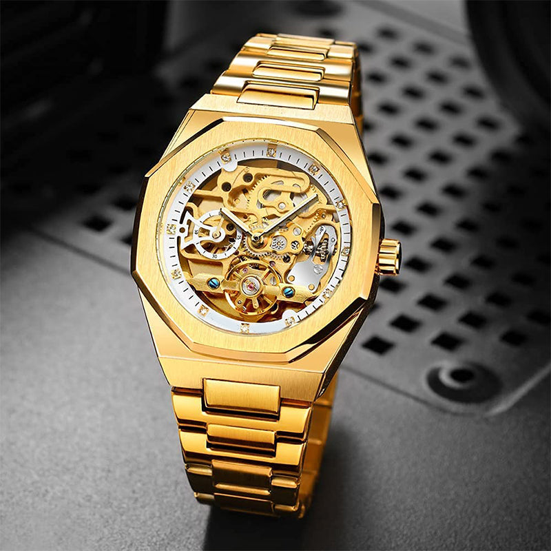⌚ LYXIG SKELETTUR - MÄSTARVERK I MECHANISK DESIGN 💎 Exklusiv visarfunktion - se klockans inre magi ⚙️ Automatisk rörelse - ingen batteribyte behövs ✅ 50 meters vattentålighet 💦 ✅ Safirglas för repfri klarhet 💎