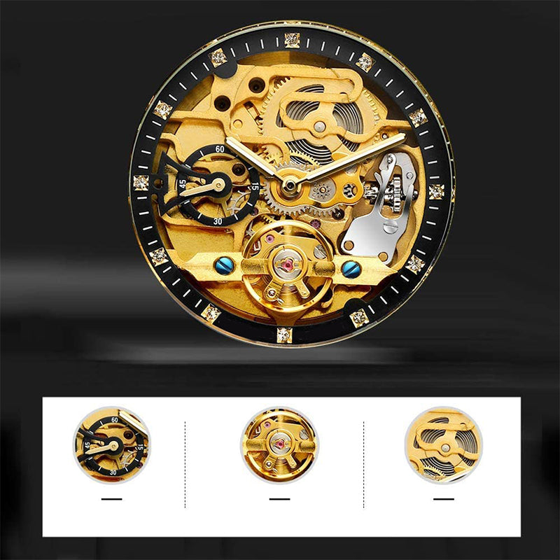 ⌚ LYXIG SKELETTUR - MÄSTARVERK I MECHANISK DESIGN 💎 Exklusiv visarfunktion - se klockans inre magi ⚙️ Automatisk rörelse - ingen batteribyte behövs ✅ 50 meters vattentålighet 💦 ✅ Safirglas för repfri klarhet 💎