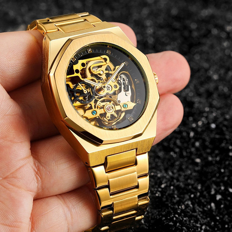 ⌚ LYXIG SKELETTUR - MÄSTARVERK I MECHANISK DESIGN 💎 Exklusiv visarfunktion - se klockans inre magi ⚙️ Automatisk rörelse - ingen batteribyte behövs ✅ 50 meters vattentålighet 💦 ✅ Safirglas för repfri klarhet 💎