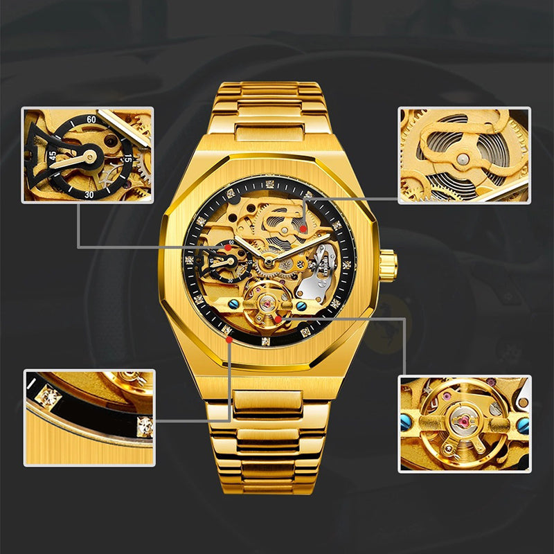 ⌚ LYXIG SKELETTUR - MÄSTARVERK I MECHANISK DESIGN 💎 Exklusiv visarfunktion - se klockans inre magi ⚙️ Automatisk rörelse - ingen batteribyte behövs ✅ 50 meters vattentålighet 💦 ✅ Safirglas för repfri klarhet 💎