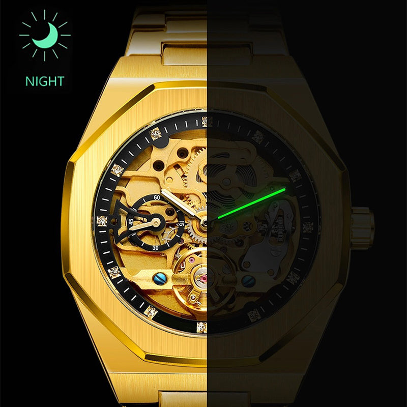 ⌚ LYXIG SKELETTUR - MÄSTARVERK I MECHANISK DESIGN 💎 Exklusiv visarfunktion - se klockans inre magi ⚙️ Automatisk rörelse - ingen batteribyte behövs ✅ 50 meters vattentålighet 💦 ✅ Safirglas för repfri klarhet 💎