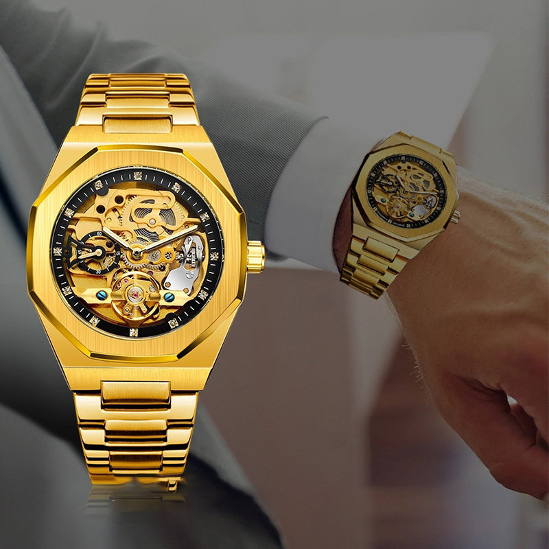 ⌚ LYXIG SKELETTUR - MÄSTARVERK I MECHANISK DESIGN 💎 Exklusiv visarfunktion - se klockans inre magi ⚙️ Automatisk rörelse - ingen batteribyte behövs ✅ 50 meters vattentålighet 💦 ✅ Safirglas för repfri klarhet 💎