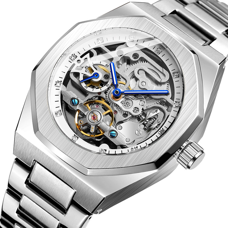 ⌚ LYXIG SKELETTUR - MÄSTARVERK I MECHANISK DESIGN 💎 Exklusiv visarfunktion - se klockans inre magi ⚙️ Automatisk rörelse - ingen batteribyte behövs ✅ 50 meters vattentålighet 💦 ✅ Safirglas för repfri klarhet 💎