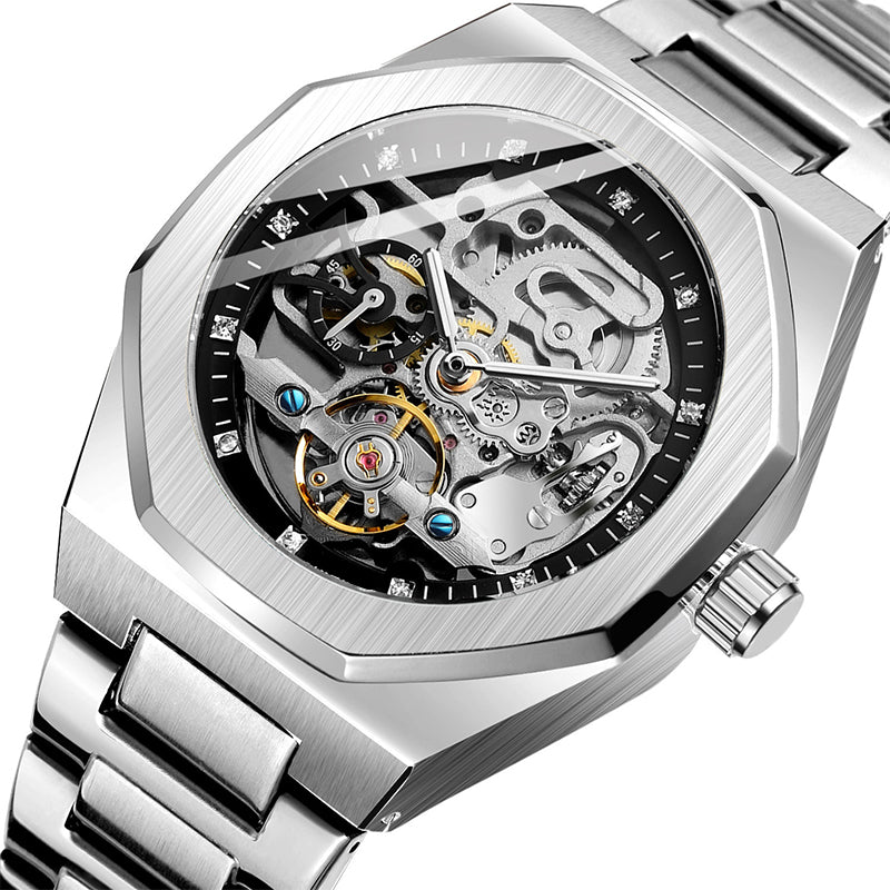 ⌚ LYXIG SKELETTUR - MÄSTARVERK I MECHANISK DESIGN 💎 Exklusiv visarfunktion - se klockans inre magi ⚙️ Automatisk rörelse - ingen batteribyte behövs ✅ 50 meters vattentålighet 💦 ✅ Safirglas för repfri klarhet 💎