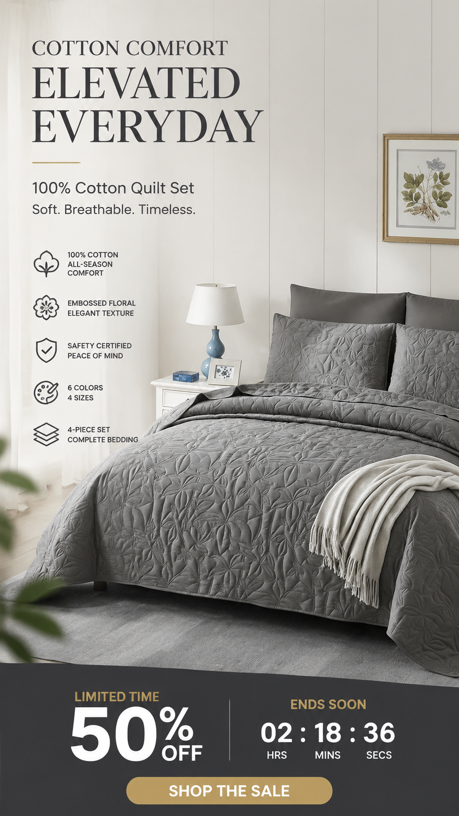 🛏️✨ Sängklädesset i 100 % bomull – enfärgad design, 4-delars set för en bekvämare sovmiljö 🌙