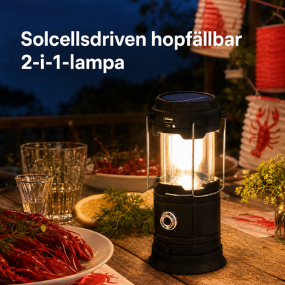 🏕️🔦 Solcellsdriven hopfällbar 2-i-1-lampa – bordslampa & ficklampa för camping och utomhusbruk ✨