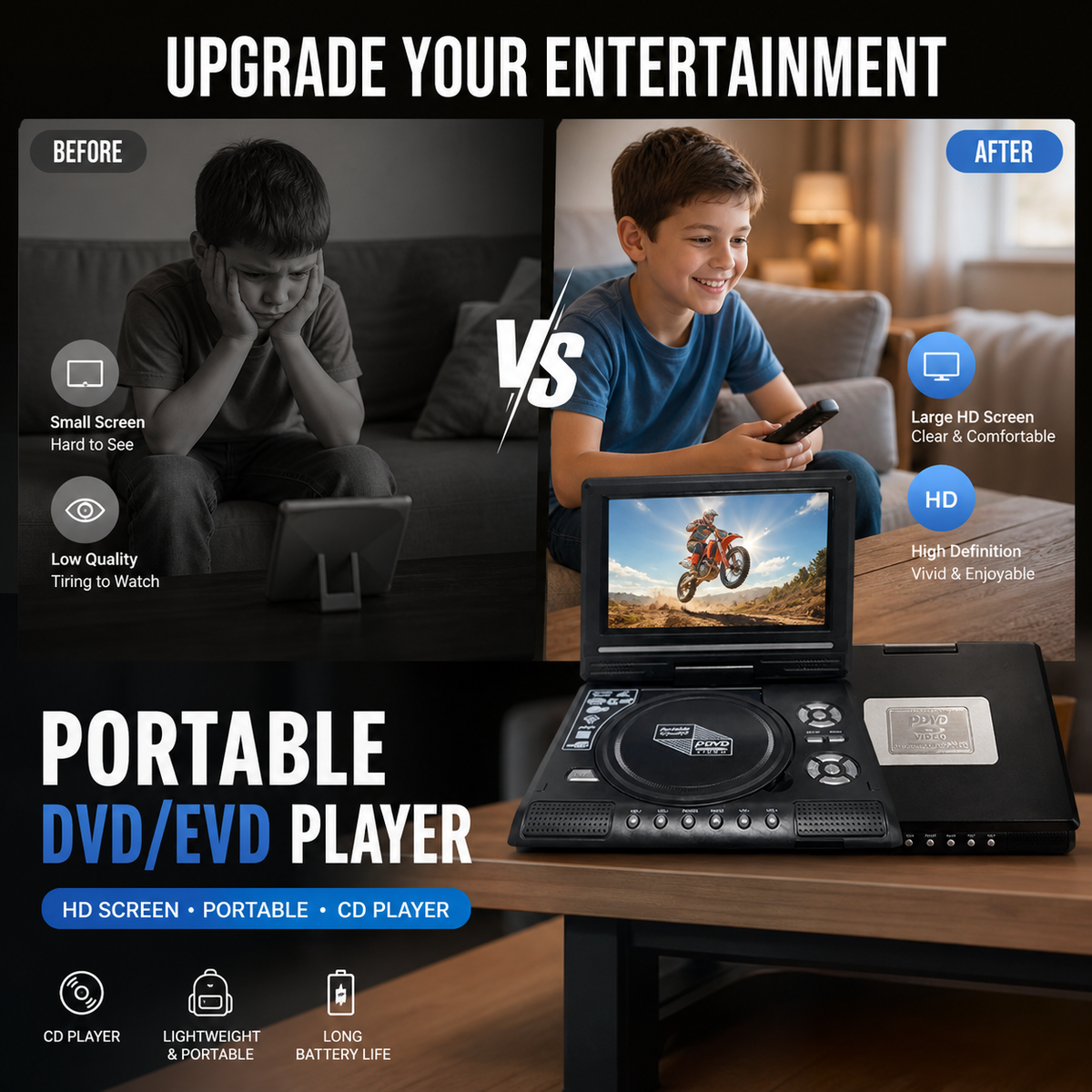 📺🎬 Uppladdningsbar bärbar DVD-spelare med 7,8-tums HD-skärm – stöd för DVD, USB och SD-kort ✨💿