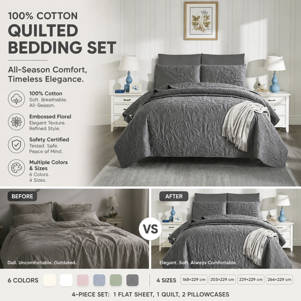 🛏️✨ Sängklädesset i 100 % bomull – enfärgad design, 4-delars set för en bekvämare sovmiljö 🌙
