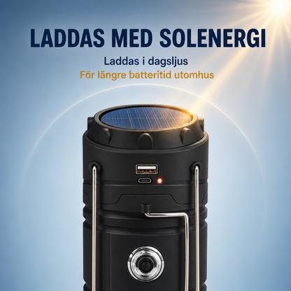 🏕️🔦 Solcellsdriven hopfällbar 2-i-1-lampa – bordslampa & ficklampa för camping och utomhusbruk ✨