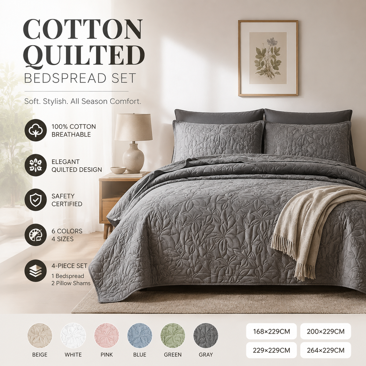🛏️✨ Sängklädesset i 100 % bomull – enfärgad design, 4-delars set för en bekvämare sovmiljö 🌙