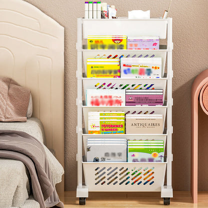 📚✨ Mobil bokhylla med hjul – 5/6 hyllplan med 45° vinkel för skrivbord och arbetsyta 🛒