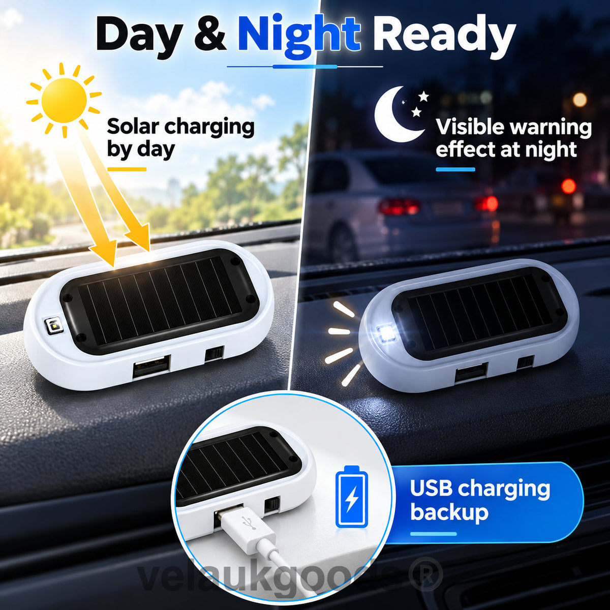 🚗☀️ Kompakt solcellsdriven LED-blinklampa med stöldskydd – smart säkerhet & tydlig synlighet 🚨