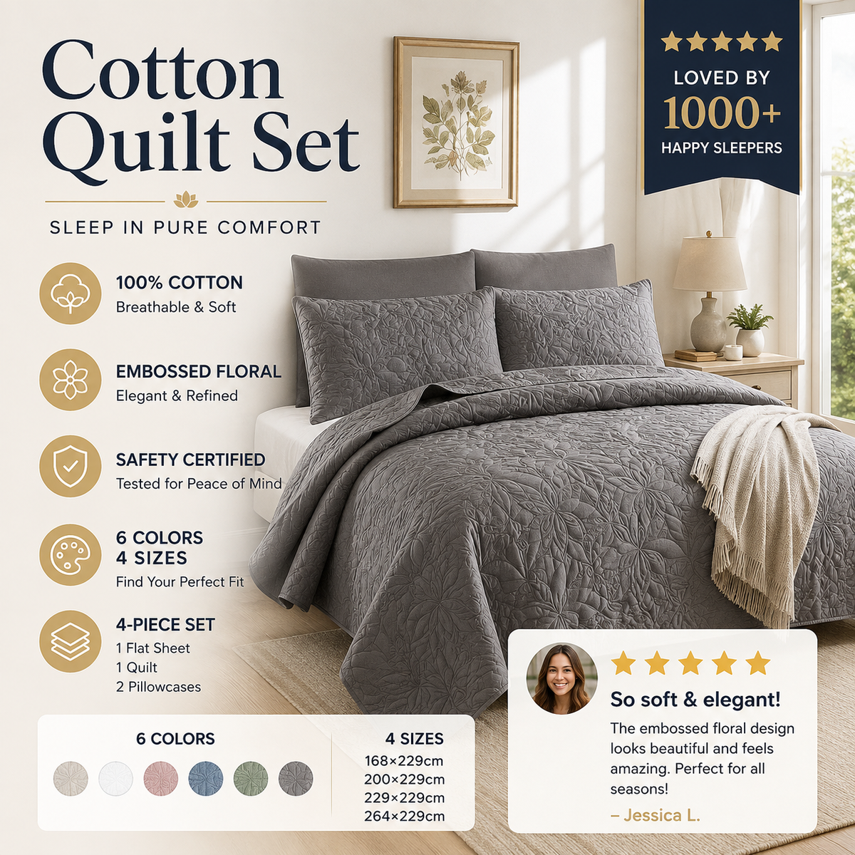 🛏️✨ Sängklädesset i 100 % bomull – enfärgad design, 4-delars set för en bekvämare sovmiljö 🌙