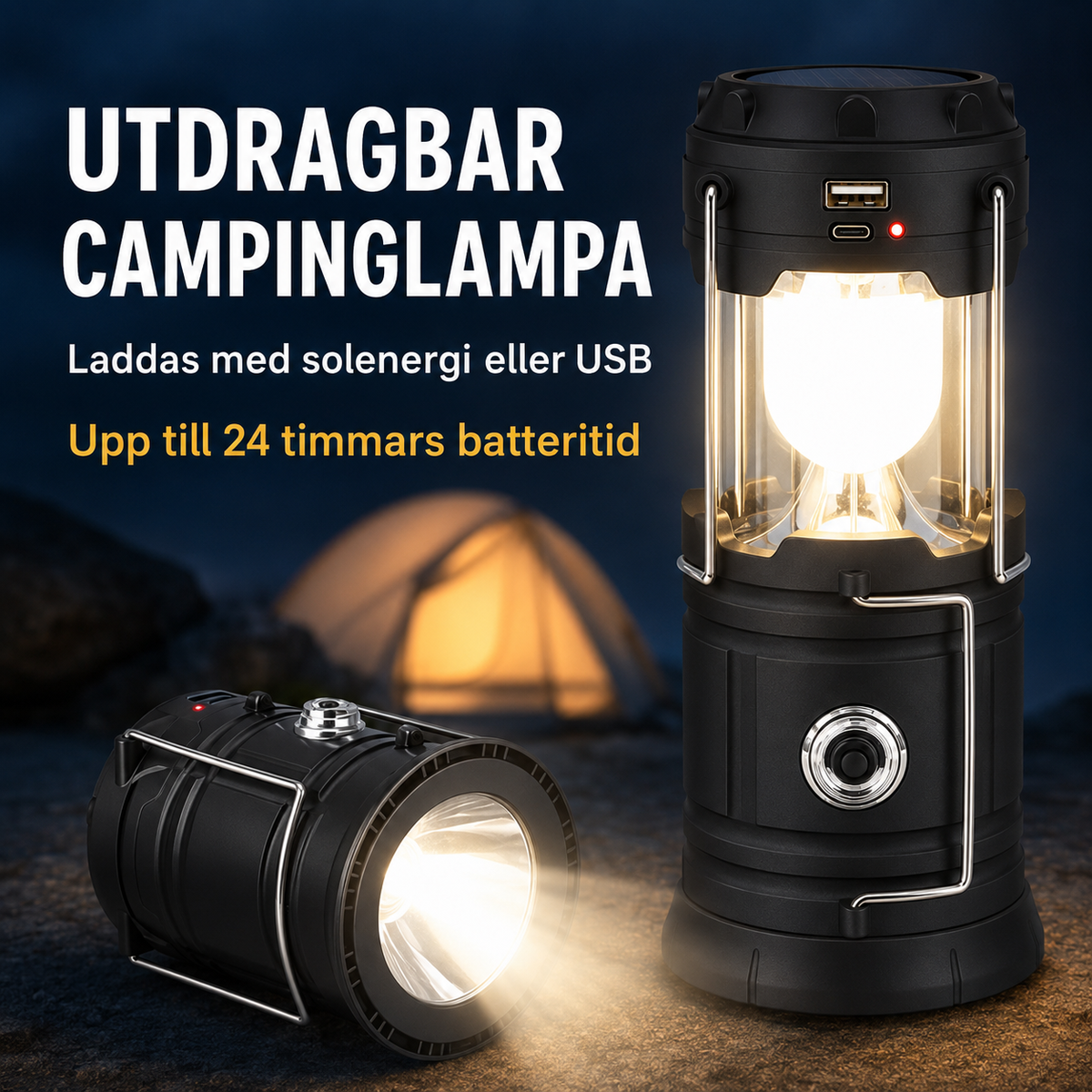 🏕️🔦 Solcellsdriven hopfällbar 2-i-1-lampa – bordslampa & ficklampa för camping och utomhusbruk ✨