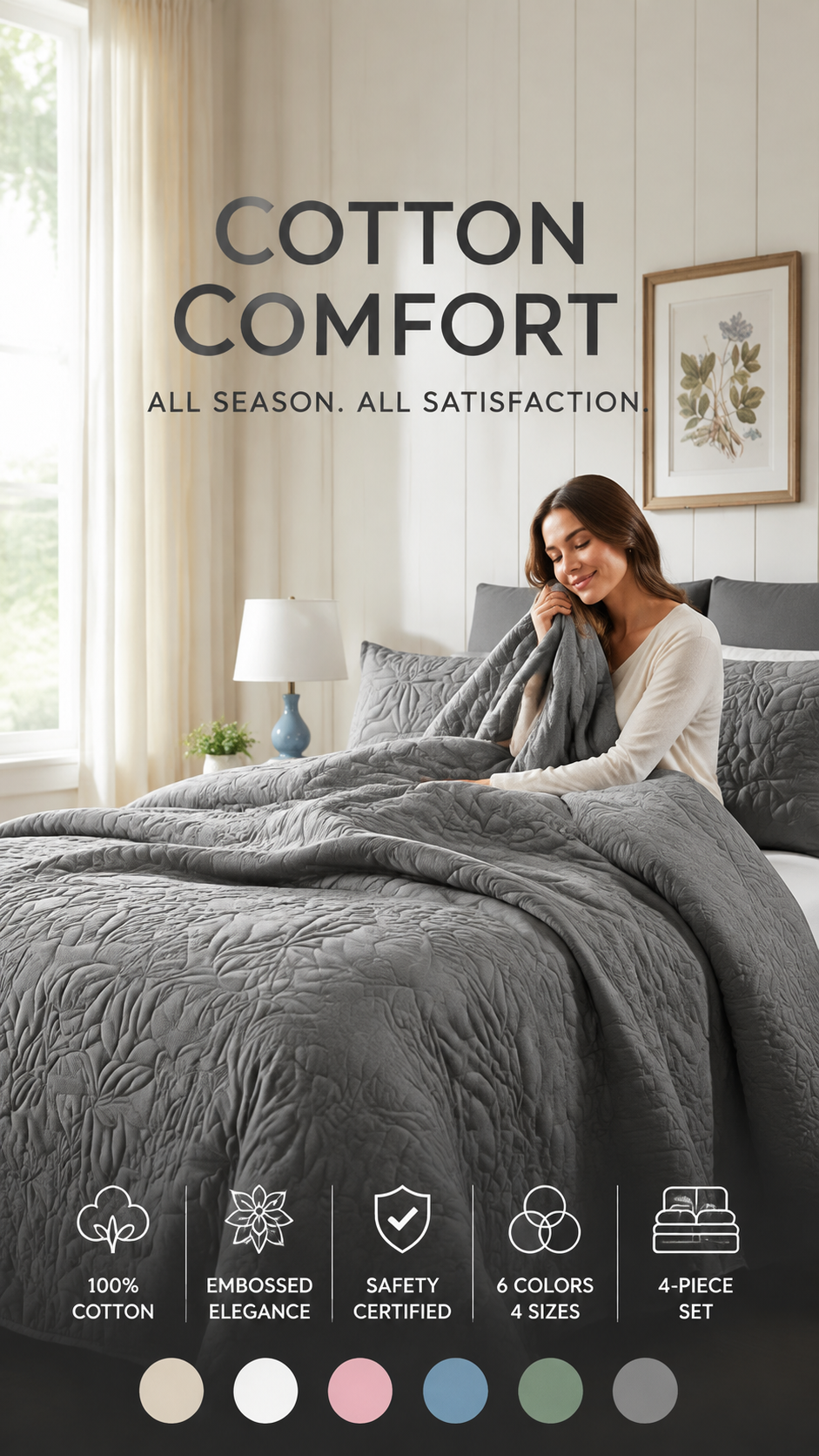 🛏️✨ Sängklädesset i 100 % bomull – enfärgad design, 4-delars set för en bekvämare sovmiljö 🌙