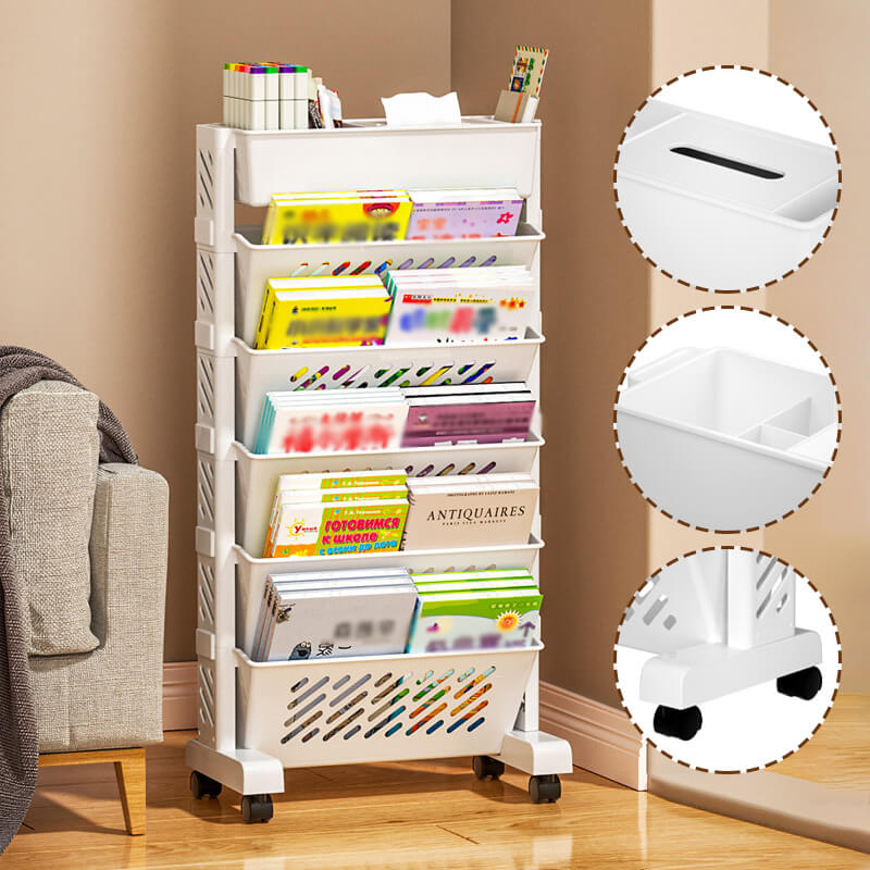 📚✨ Mobil bokhylla med hjul – 5/6 hyllplan med 45° vinkel för skrivbord och arbetsyta 🛒