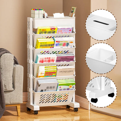 📚✨ Mobil bokhylla med hjul – 5/6 hyllplan med 45° vinkel för skrivbord och arbetsyta 🛒