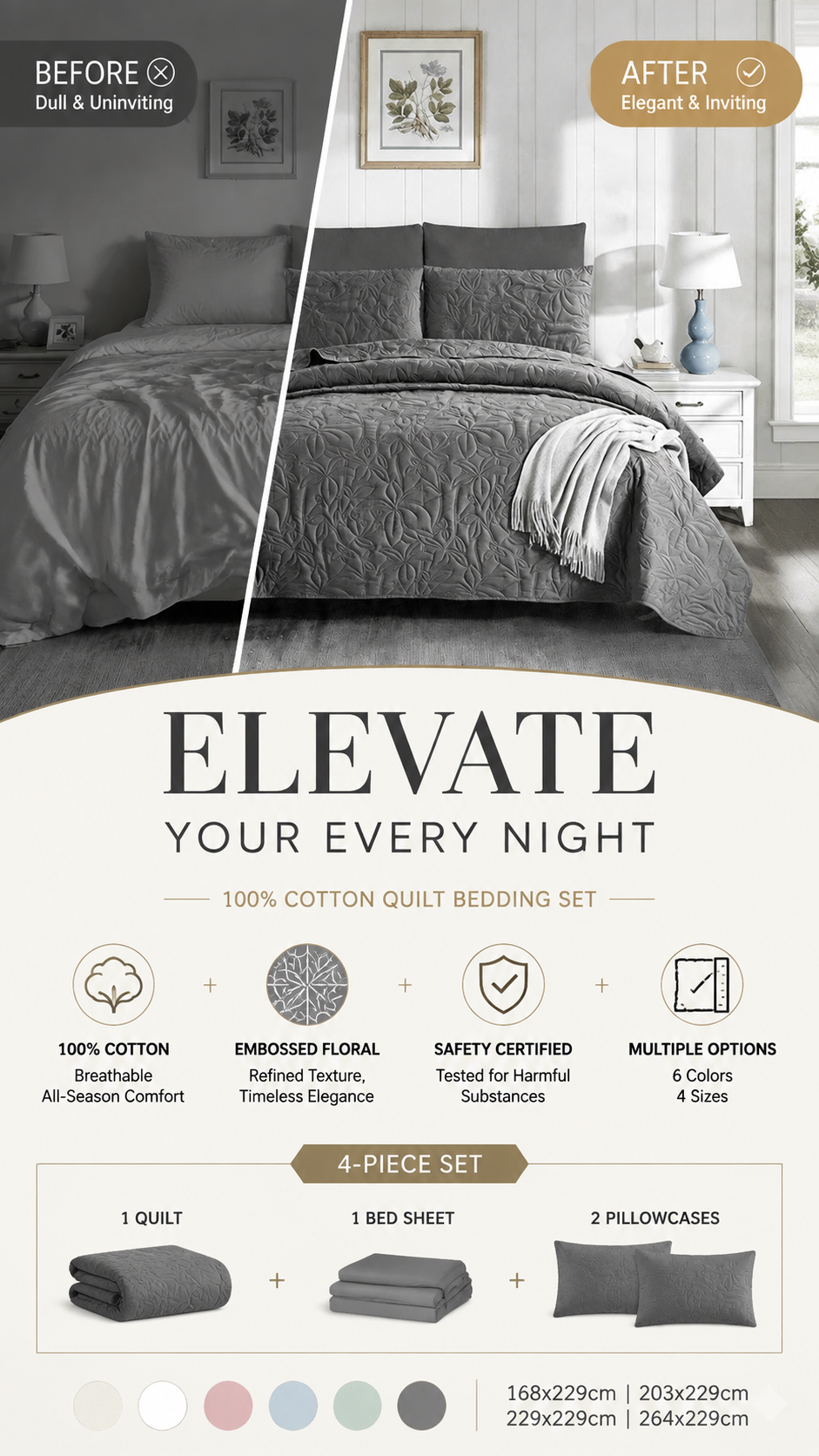 🛏️✨ Sängklädesset i 100 % bomull – enfärgad design, 4-delars set för en bekvämare sovmiljö 🌙