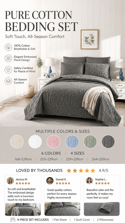🛏️✨ Sängklädesset i 100 % bomull – enfärgad design, 4-delars set för en bekvämare sovmiljö 🌙
