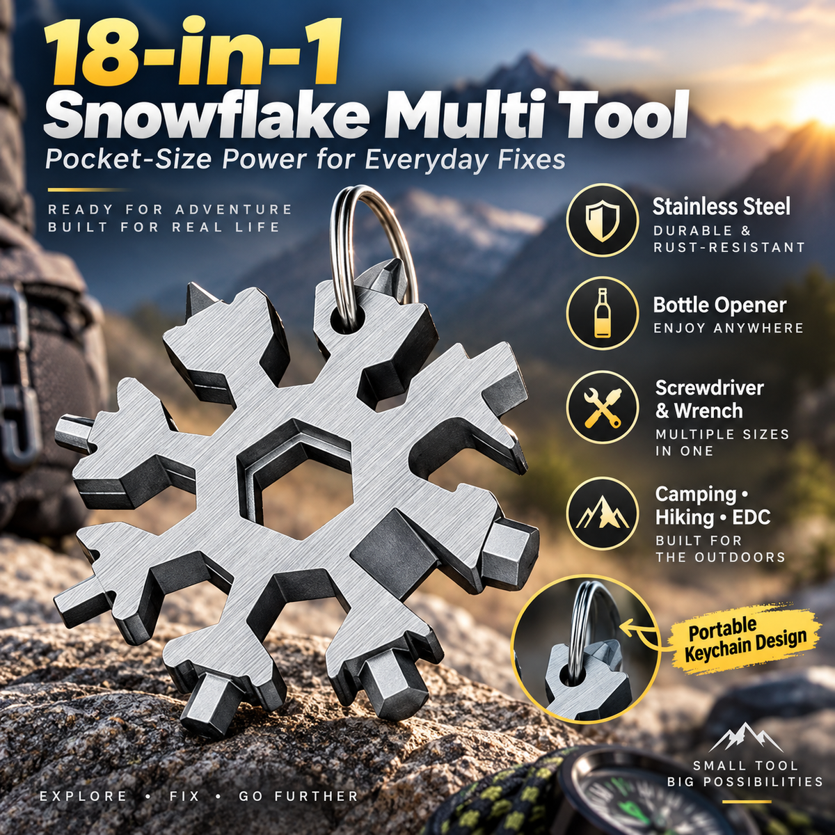 ❄️🔧 18-i-1 snöflingeformat multiverktyg – skiftnyckel i rostfritt stål med skruvmejsel & flasköppnare 🍺✨