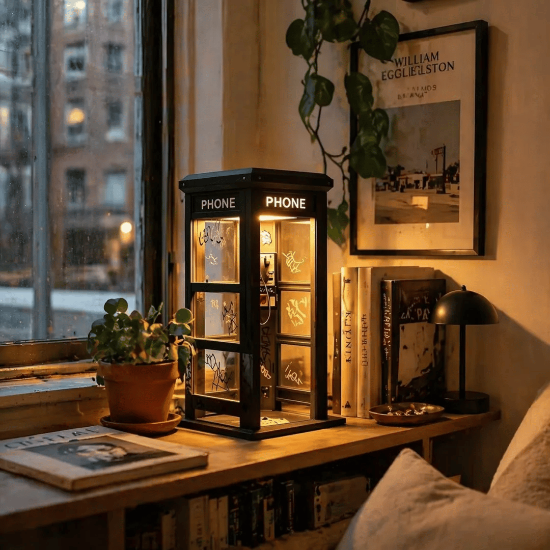 ✨ Vintage telefonkiosk-stämningslampa