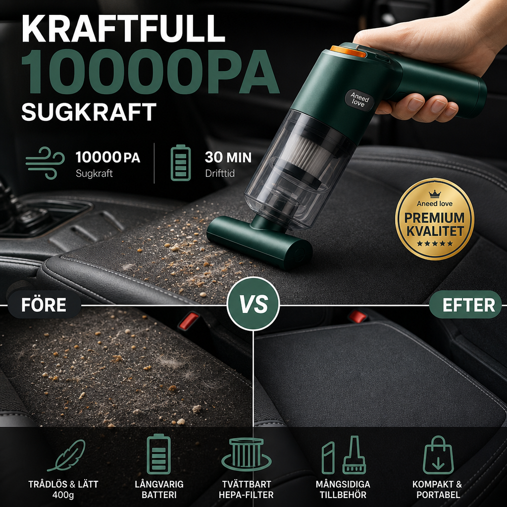🚗💨 Trådlös bildammsugare – 10 000 Pa sugkraft, 400 g lätt design & 4 000 mAh batteri ✨