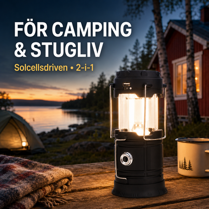 🏕️🔦 Solcellsdriven hopfällbar 2-i-1-lampa – bordslampa & ficklampa för camping och utomhusbruk ✨