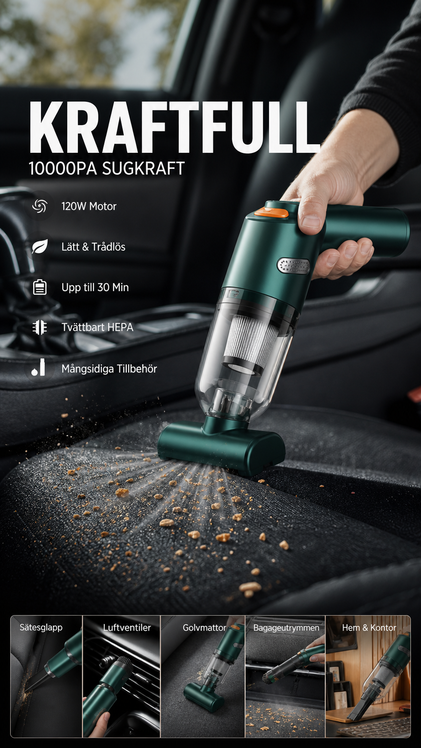🚗💨 Trådlös bildammsugare – 10 000 Pa sugkraft, 400 g lätt design & 4 000 mAh batteri ✨