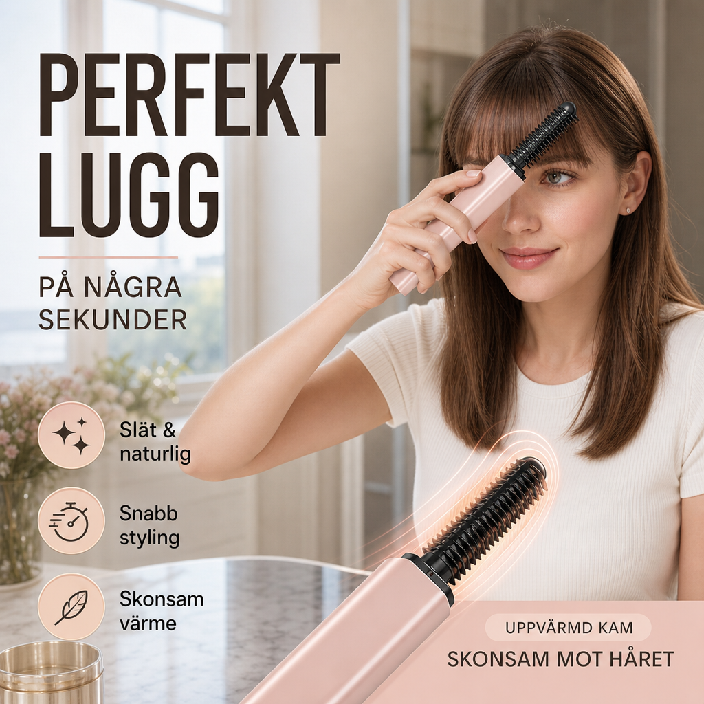 💇‍♀️ 50 % RABATT NU! 🔥 Bärbar kam för att skapa en ”bang”-frisyr – sladdlös uppvärmd stylingkam, mild värme & kompakt design – perfekt för snabba touch-ups på språng ✨