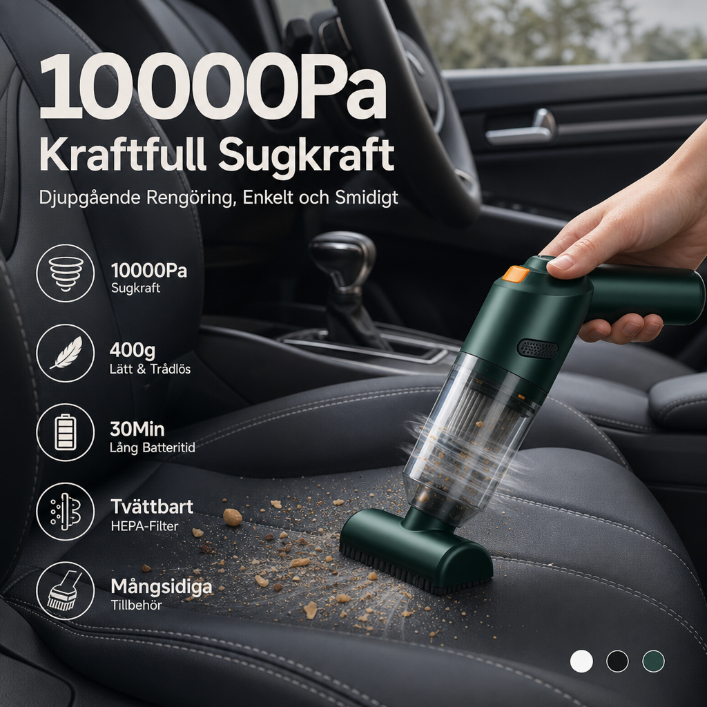 🚗💨 Trådlös bildammsugare – 10 000 Pa sugkraft, 400 g lätt design & 4 000 mAh batteri ✨