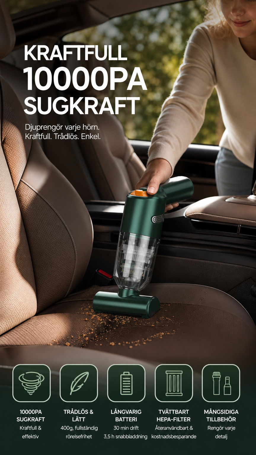 🚗💨 Trådlös bildammsugare – 10 000 Pa sugkraft, 400 g lätt design & 4 000 mAh batteri ✨