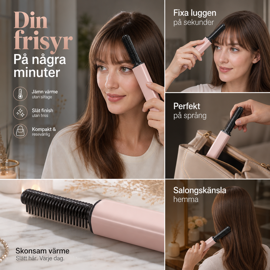 💇‍♀️ 50 % RABATT NU! 🔥 Bärbar kam för att skapa en ”bang”-frisyr – sladdlös uppvärmd stylingkam, mild värme & kompakt design – perfekt för snabba touch-ups på språng ✨