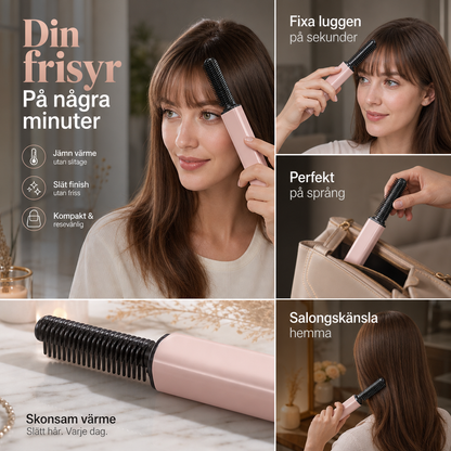 💇‍♀️ 50 % RABATT NU! 🔥 Bärbar kam för att skapa en ”bang”-frisyr – sladdlös uppvärmd stylingkam, mild värme & kompakt design – perfekt för snabba touch-ups på språng ✨