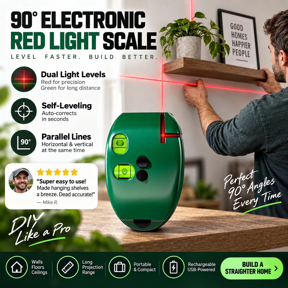 📐✨ Infrarött laserpass med 90° rät vinkel – exakta horisontella & vertikala linjer för montering, målning och kakelsättning 🔧