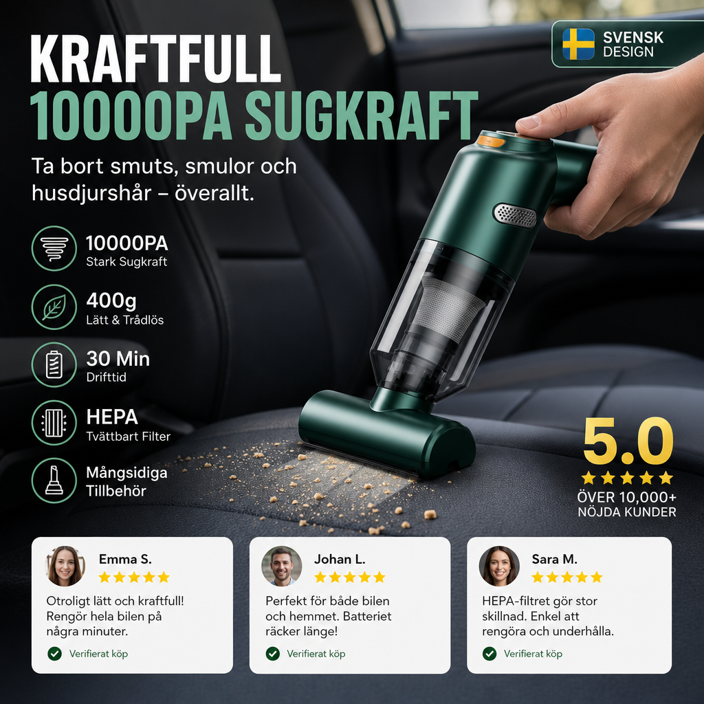 🚗💨 Trådlös bildammsugare – 10 000 Pa sugkraft, 400 g lätt design & 4 000 mAh batteri ✨