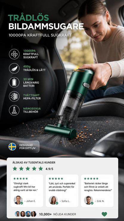 🚗💨 Trådlös bildammsugare – 10 000 Pa sugkraft, 400 g lätt design & 4 000 mAh batteri ✨