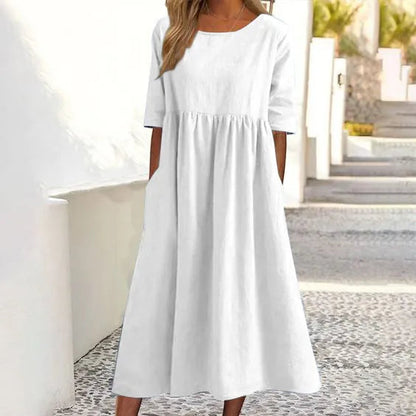 🔥 "Sommarrabatt! Rundhalsficka Bomullsklänning – Lätt och Stilfull för Alla Tillfällen! 🌞👗" ✨