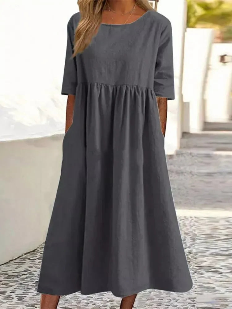 🔥 "Sommarrabatt! Rundhalsficka Bomullsklänning – Lätt och Stilfull för Alla Tillfällen! 🌞👗" ✨