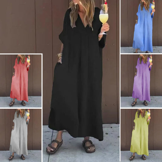 🌿💫 UPPTÄCK ÅRETS MEST BÄRBARA KLÄNNING! Casual V-ringad klänning med flöde – Bekväm elegans för varje tillfälle!