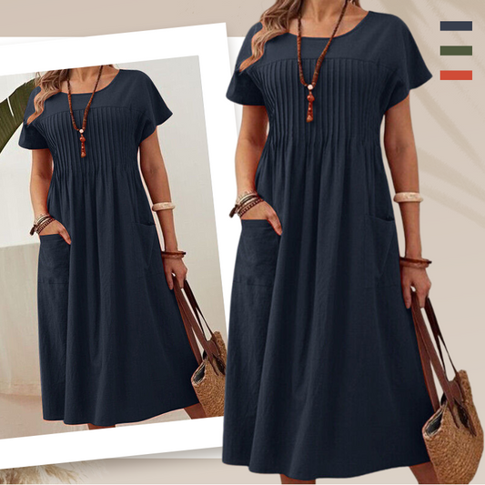 👗✨ En elegant och praktisk klänning! En veckad kortärmad klänning med praktiska fickor, perfekt för sommaren - bekväm och snygg, den kan bäras med allt!