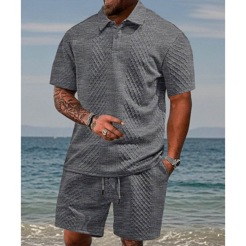 👕🩳 50% RABATT! | 2-delat Set med Kortärmad Topp & Shorts – Diamantmönster, Nedfällbar Krage & Andningsbart!