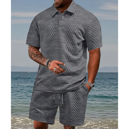 👕🩳 50% RABATT! | 2-delat Set med Kortärmad Topp & Shorts – Diamantmönster, Nedfällbar Krage & Andningsbart!