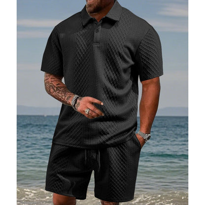 👕🩳 50% RABATT! | 2-delat Set med Kortärmad Topp & Shorts – Diamantmönster, Nedfällbar Krage & Andningsbart!