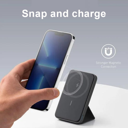 Mini hopfällbar trådlös magnetisk powerbank med stativ