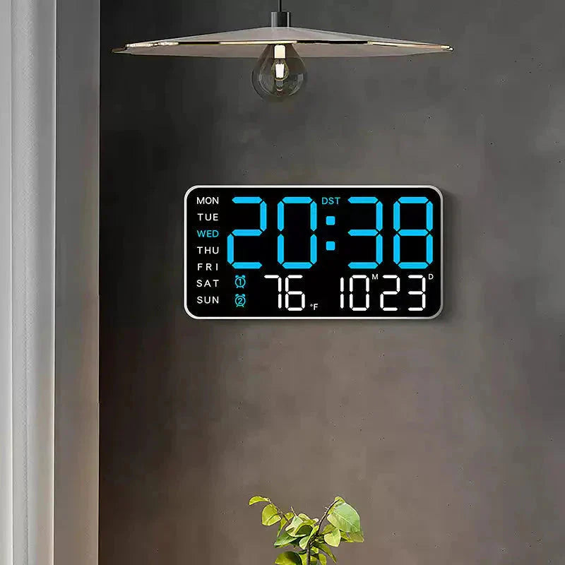 Stor digital veggklokke med LED-skjerm, dato og termometer 