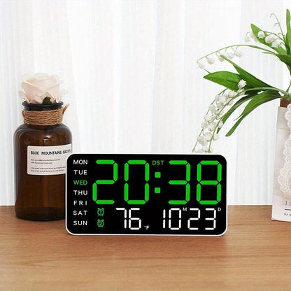 Stor digital veggklokke med LED-skjerm, dato og termometer 