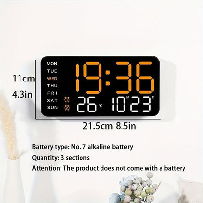 Stor digital veggklokke med LED-skjerm, dato og termometer 