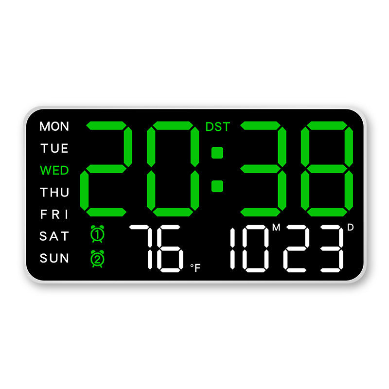 Stor digital veggklokke med LED-skjerm, dato og termometer 